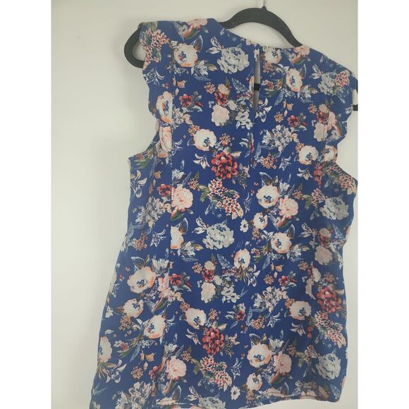 41 Hawthorne Scalloped Cap Sleeve Blouse M Womens Blue Floral V Neck Key Hole - Picture 9 of 10